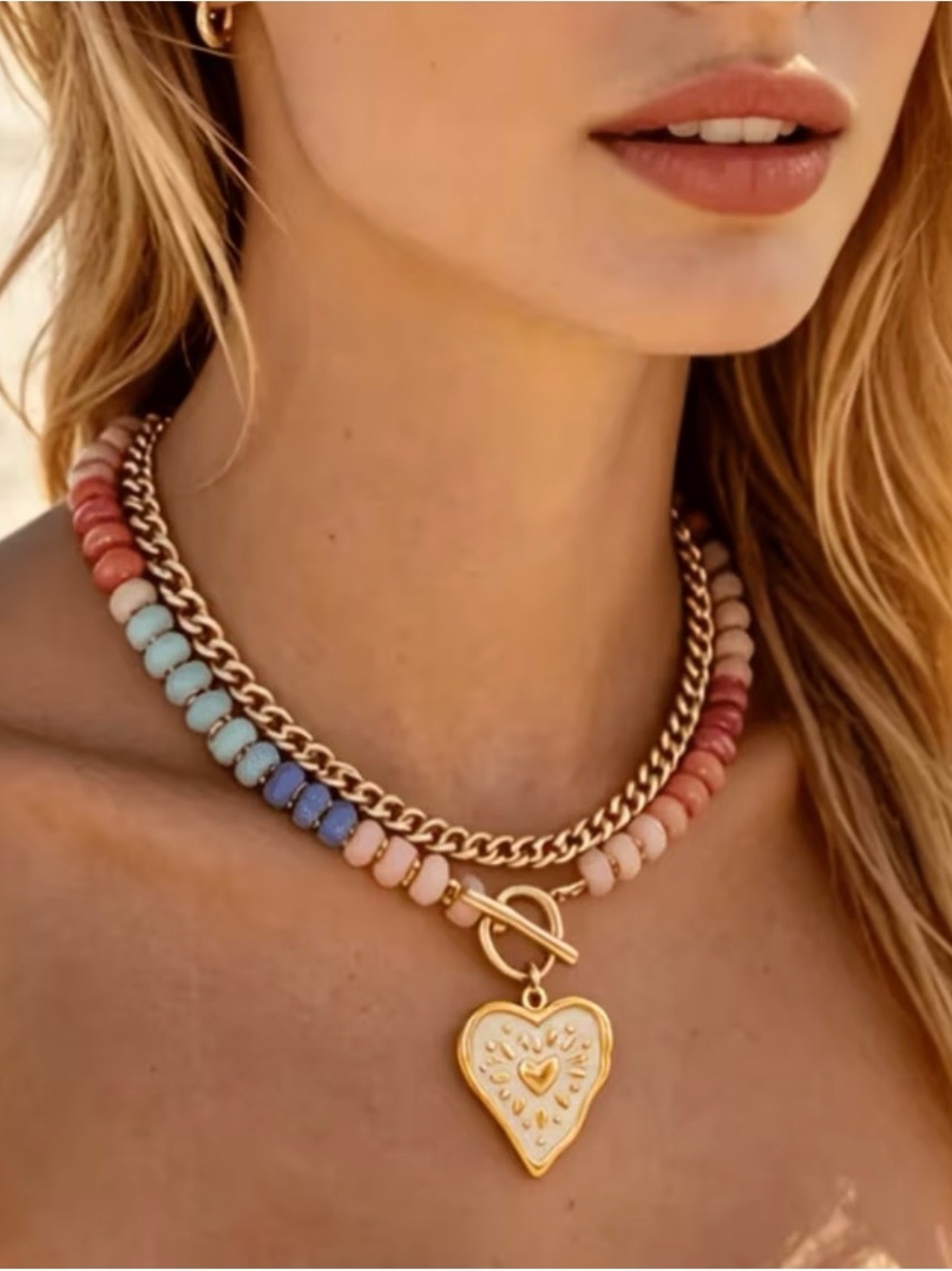 Gold Heart Pendant Beaded Choker Necklace in Pastel Multicolor